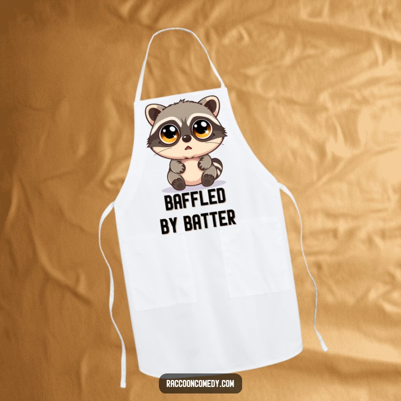 Funny kawaii raccoon with huge googly eyes and a bewildered expression, featured on a protective kitchen apron.
