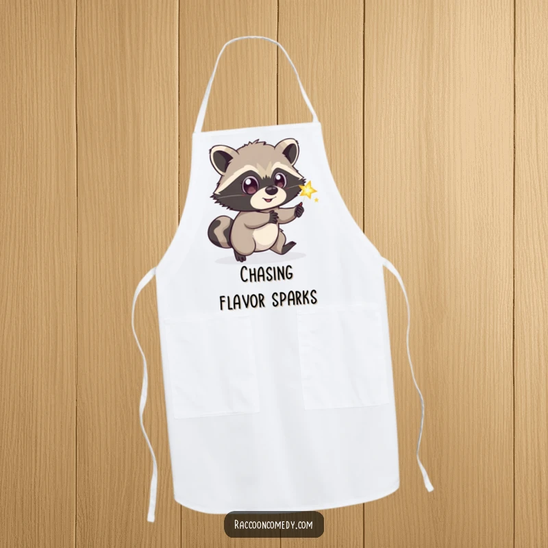 Funny playful raccoon apron, wide eyes, chasing glowing firefly, kitchen wear, humorous magical gift.