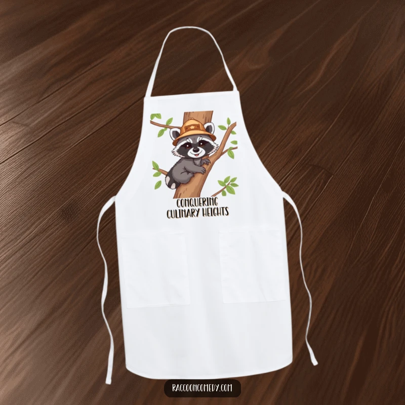 Funny apron featuring a smiling raccoon cub explorer, ready to cook, adding a humorous and charming touch to the kitchen.