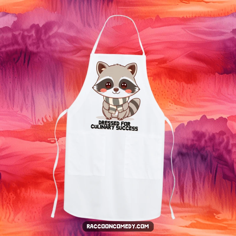Funny kawaii raccoon with a cheeky smile and striped scarf, featured on a protective kitchen apron for stylish cooking.