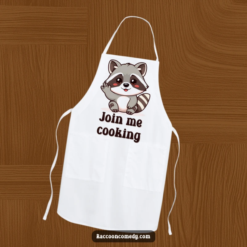 Funny apron illustrating a friendly raccoon offering a beckoning gesture, welcoming all to the kitchen for a culinary adventure.