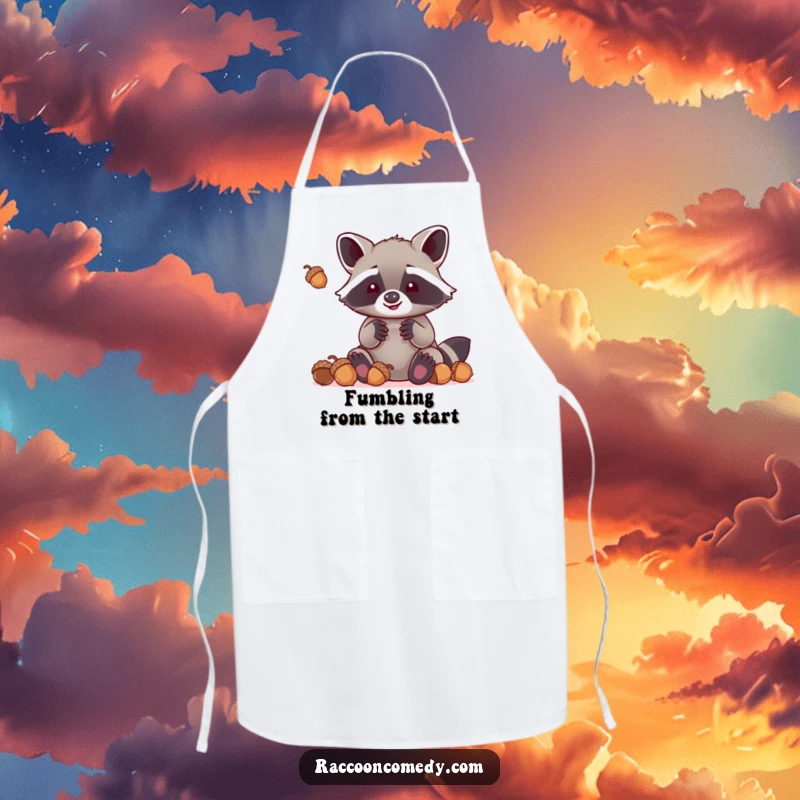 Funny kawaii raccoon with oversized paws hilariously attempting to juggle acorns, featured on a practical apron for kitchen fun.