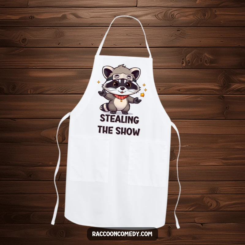 Funny Raccoon Apron: A kawaii raccoon bandit juggling shiny objects, perfect for adding playful humor to kitchen activities.