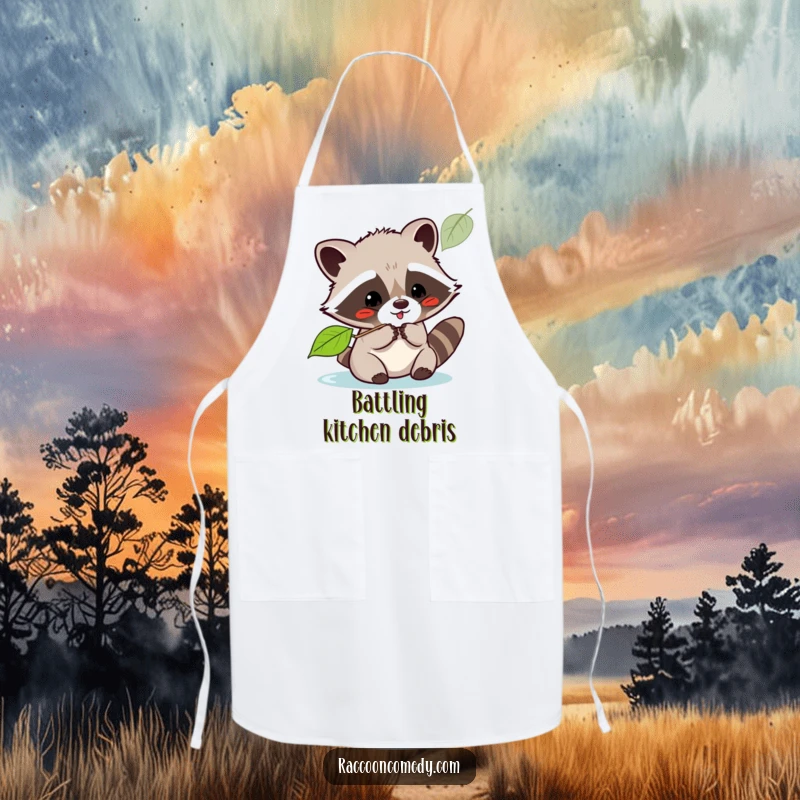 Funny kawaii raccoon playfully batting at a floating leaf, featured on a protective kitchen apron for fun meals.