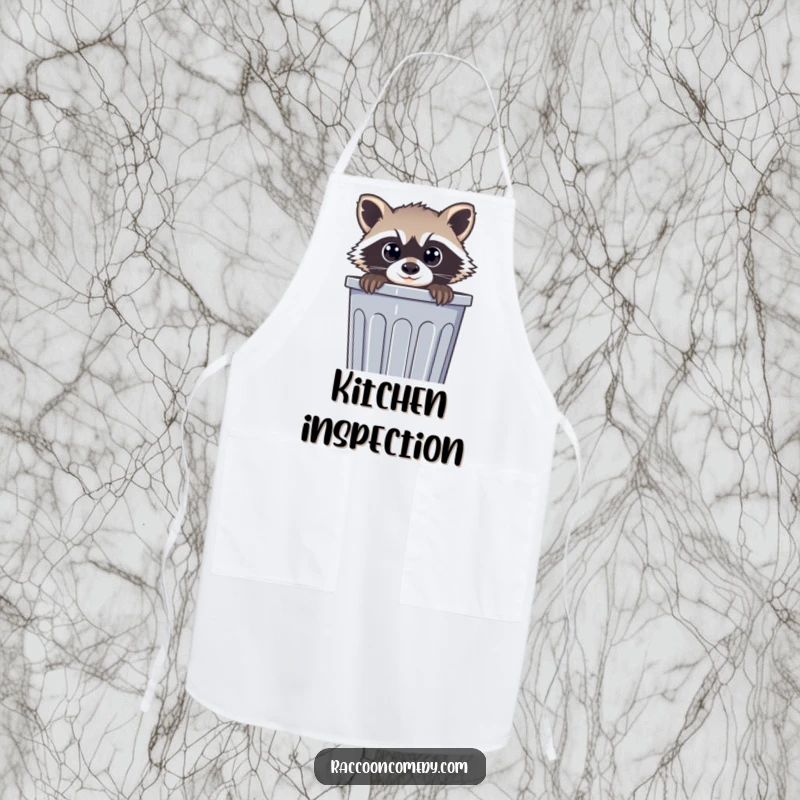 Funny apron showing a raccoon with wide, curious eyes peeking from a trash can, bringing humor to kitchen tasks and protecting attire.