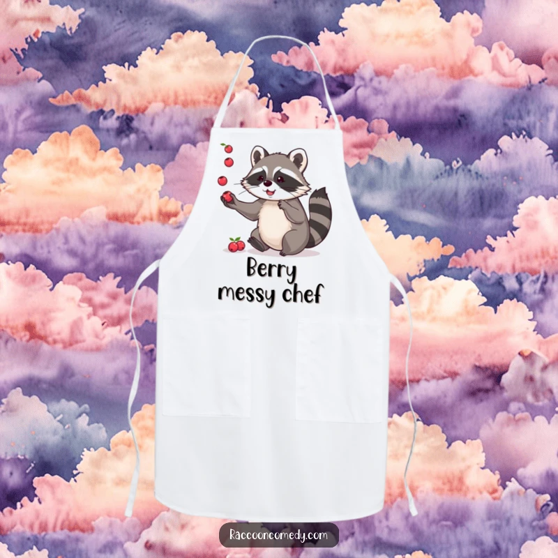 Funny apron showing a playful raccoon juggling small berries with its paws, bringing humor and skill to kitchen tasks.