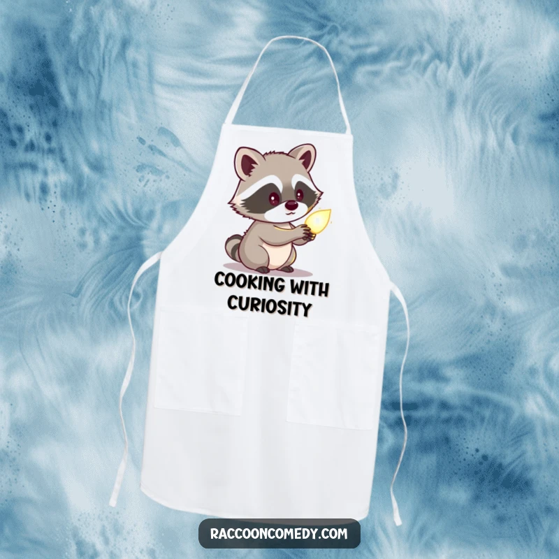 Funny raccoon apron featuring a cute character looking curiously at a glowing object, a practical and amusing kitchen accessory.