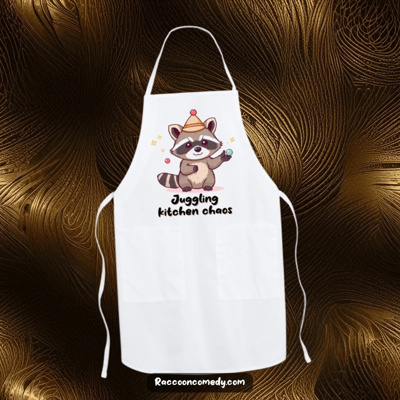 Funny cute raccoon apron, small hat, juggling shiny objects, kitchen wear, humorous skilled gift.