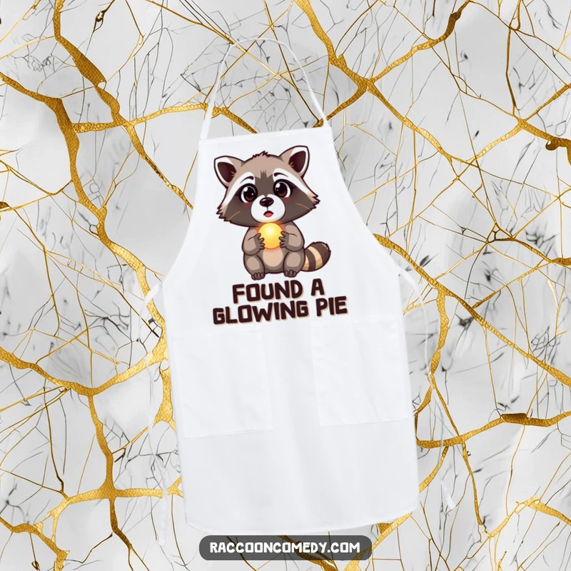 Funny raccoon apron showing a surprised raccoon holding a glowing orb, embodying kitchen magic and wonder, a humorous funny gift.