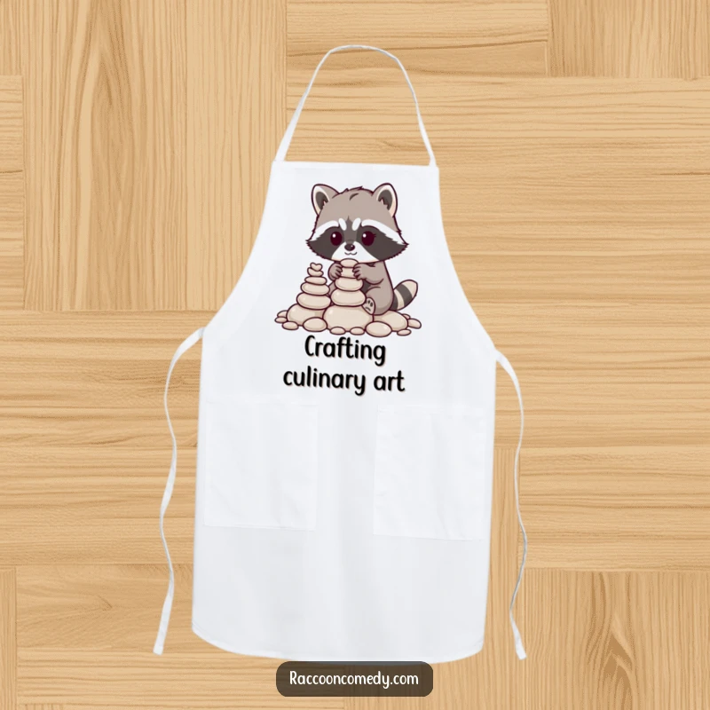 Funny raccoon apron, for the creative cook, a raccoon stacking pebbles with nimble paws, a fun kitchen accessory.