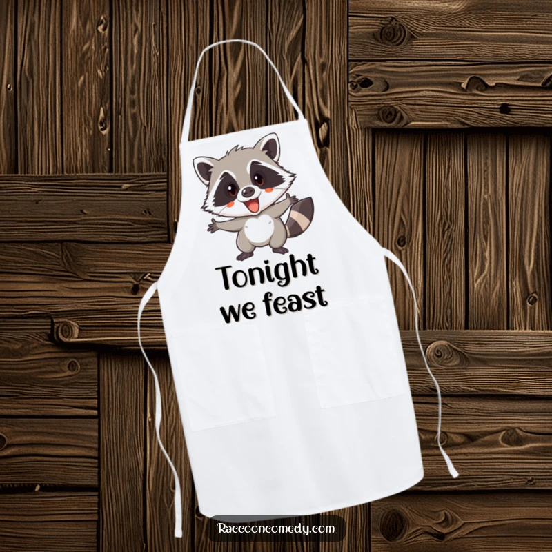 Funny apron illustrated with an excited raccoon, ready for a sneaky culinary adventure or a covert kitchen operation.