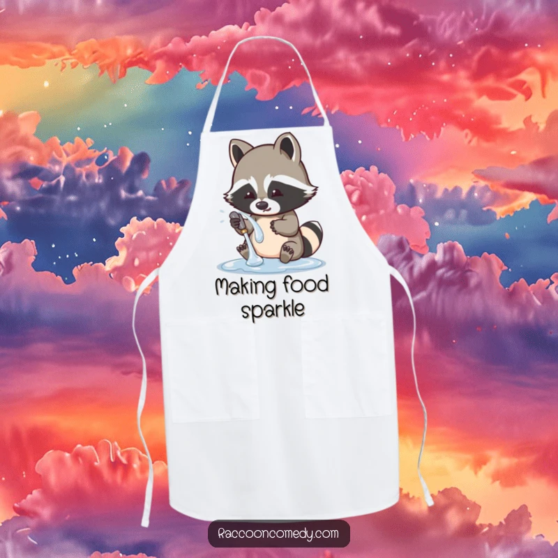 Funny raccoon apron featuring a cute character playfully washing a shiny object, a practical and amusing kitchen accessory.