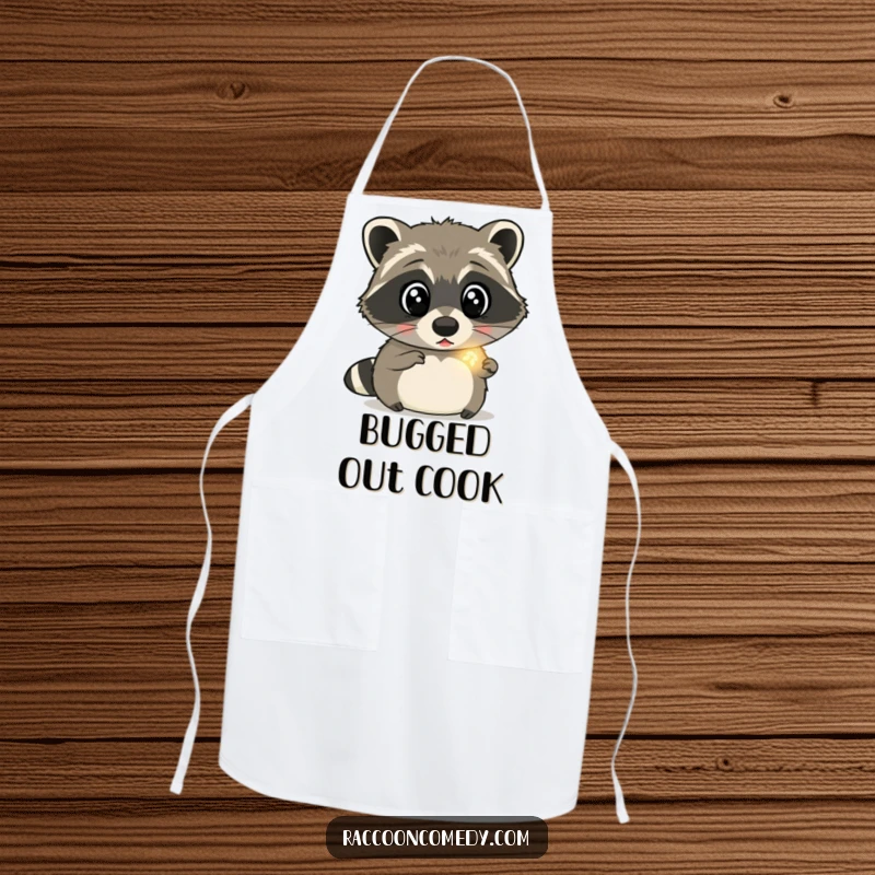 Funny raccoon apron depicting a surprised raccoon with wide eyes, captivated by a tiny, glowing firefly, adding a touch of magic to kitchen duties.