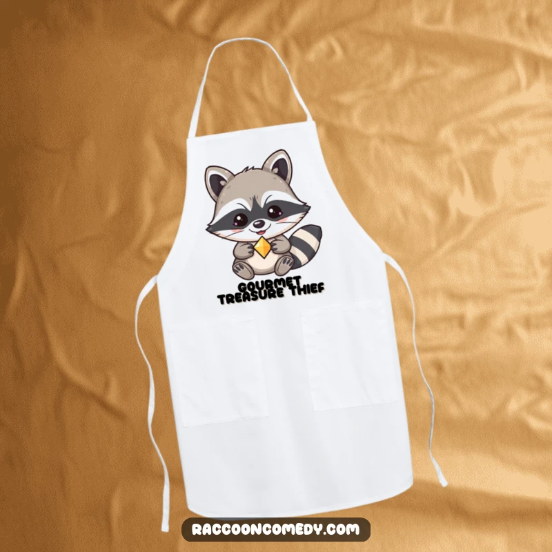 Funny kawaii raccoon apron, with a mischievous grin, holding a discovered shiny trinket.