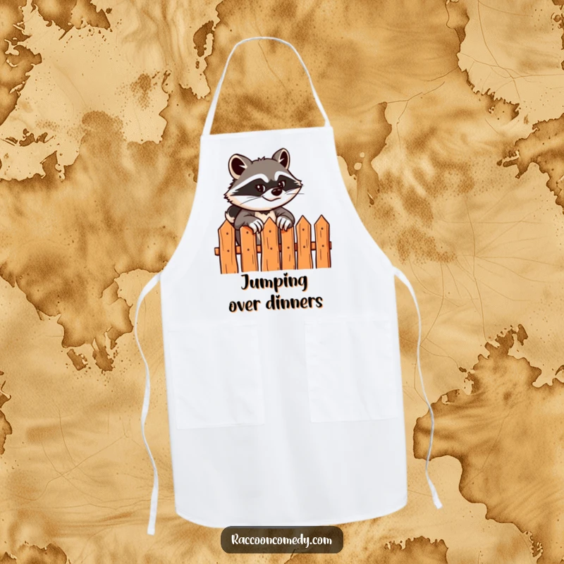 Funny apron showing a sly raccoon scaling a fence with a grin, bringing humor and adventure to kitchen tasks.