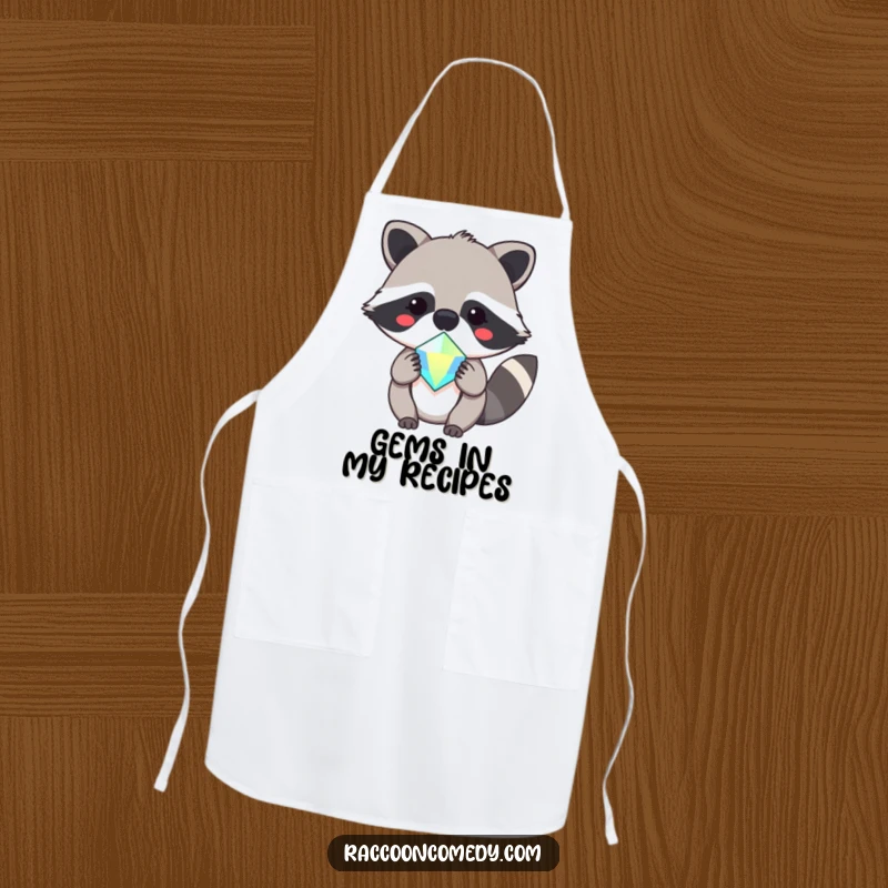 Funny apron showcasing a cute kawaii raccoon smiling and offering a sparkling gemstone, perfect for a cheerful kitchen.