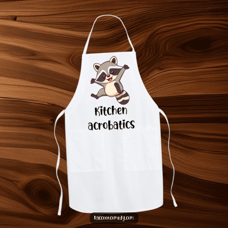 Funny apron with a smiling raccoon performing a nimble acrobatic flip, perfect for cooks who love a dynamic design.