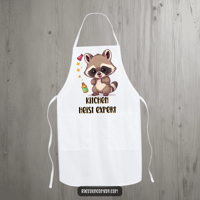 Funny apron with a mischievous raccoon gleefully juggling sparkling items, perfect for chefs who enjoy a bit of fun.