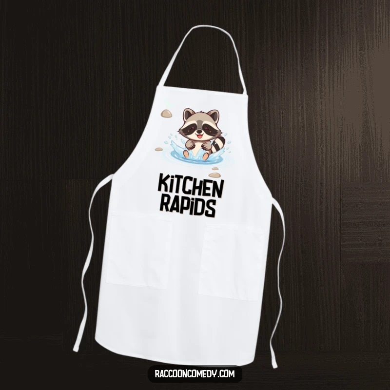 Funny kawaii raccoon joyfully splashing in a stream with delight, featured on a practical apron for kitchen fun.