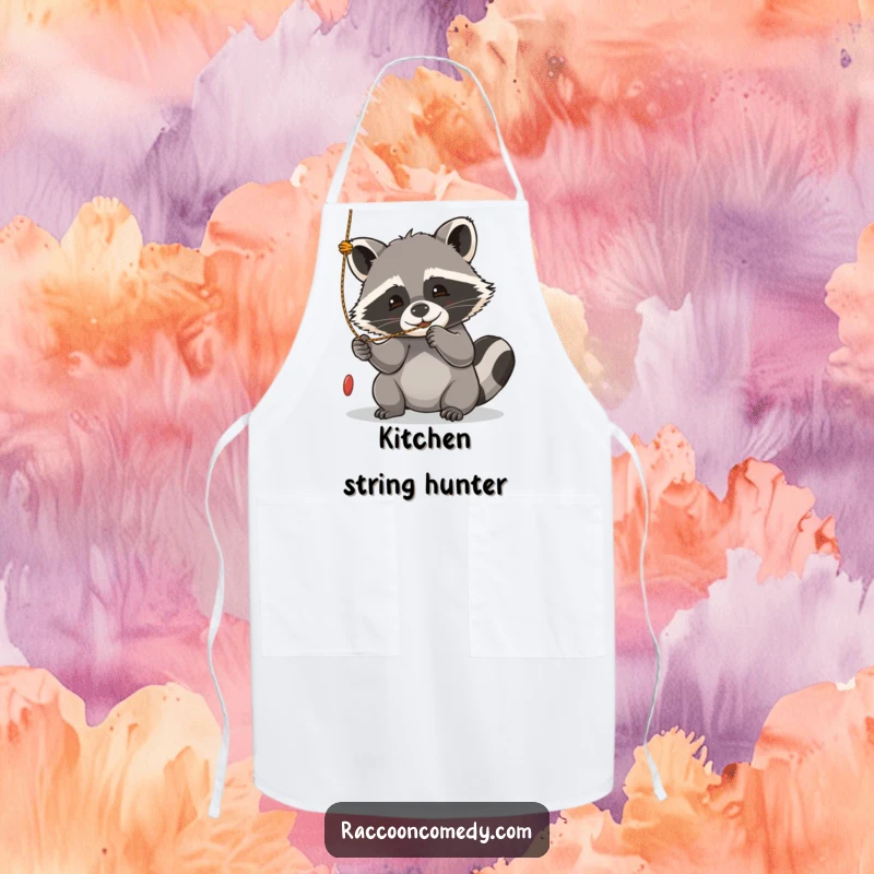 Funny kawaii raccoon apron, playfully batting at a dangling string, ready for a fun culinary adventure.