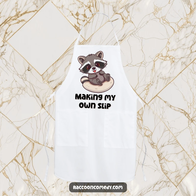 Funny raccoon apron showing a gleeful raccoon sliding down a smooth surface, perfect for adding humor to kitchen tasks.