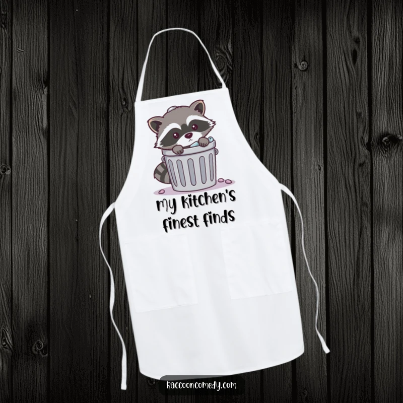 Funny mischievous raccoon trash apron with a raccoon peeking from behind a trash can, perfect for kitchen protection and amusing culinary escapades.