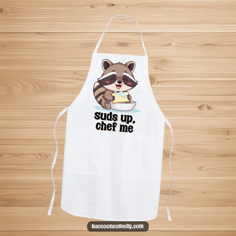 Funny apron showcasing a happy, grinning raccoon diligently washing a bar of soap, ready for kitchen duty.