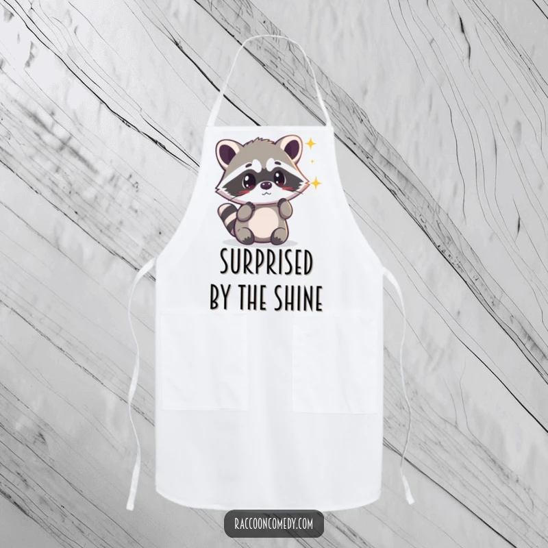 Funny kawaii raccoon looking surprised by a shimmering light, featured on a protective kitchen apron for magical meal prep.