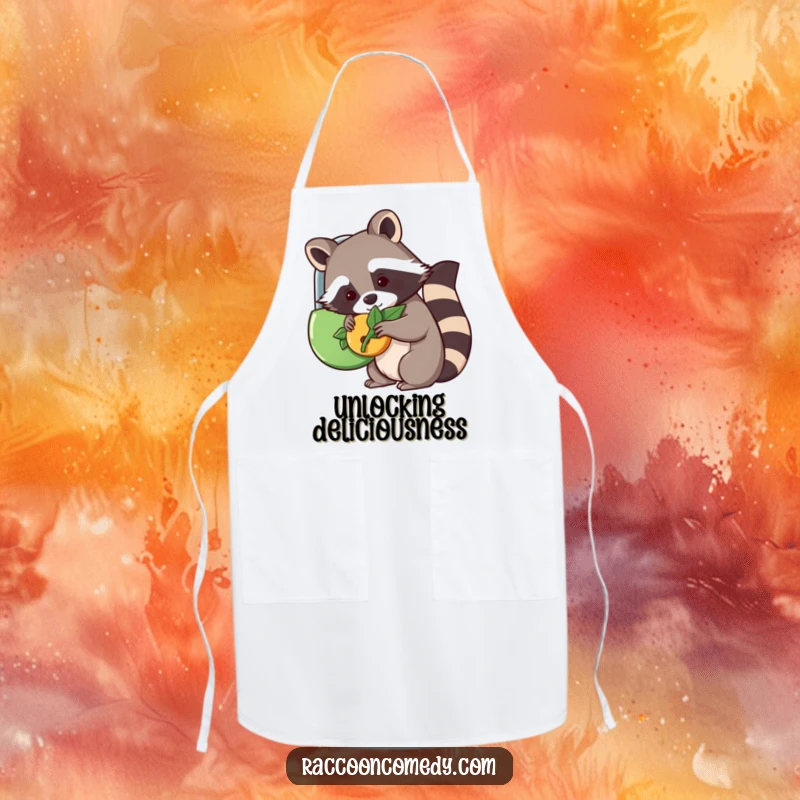Funny kawaii raccoon attempting to unlock a whimsical lock with a leaf, printed on a functional apron for quirky cooks.