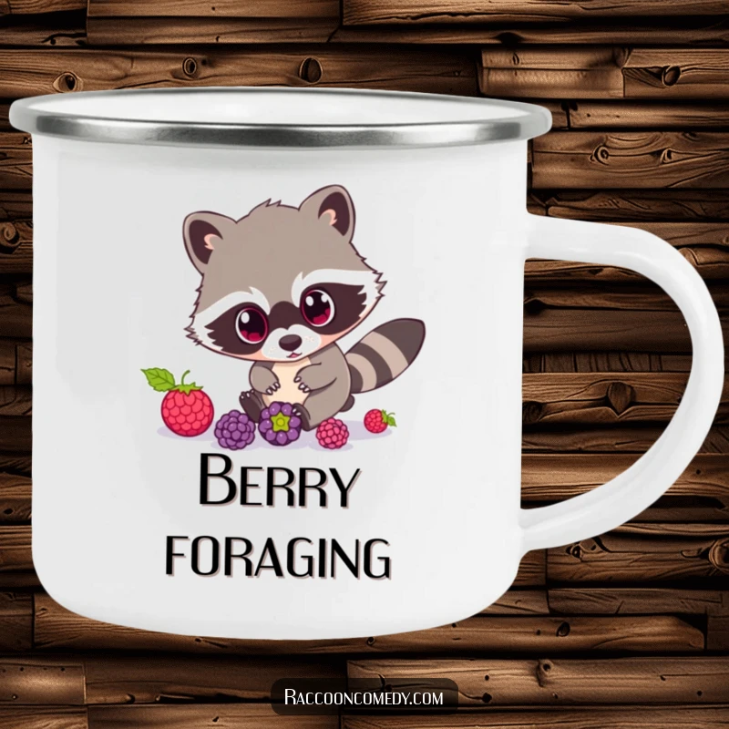 Funny Raccoon Camping Mug: A rugged camping mug featuring a raccoon with huge, wide eyes, hilariously chasing rolling berries.