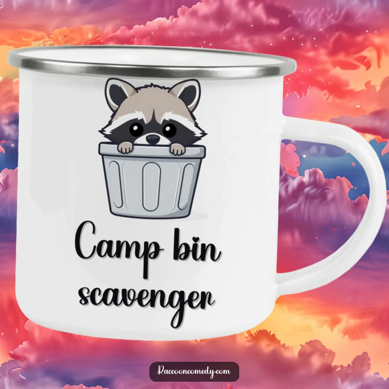 Funny mischievous raccoon camping mug, peeking from trash bin, outdoor gear, humorous and durable gift.