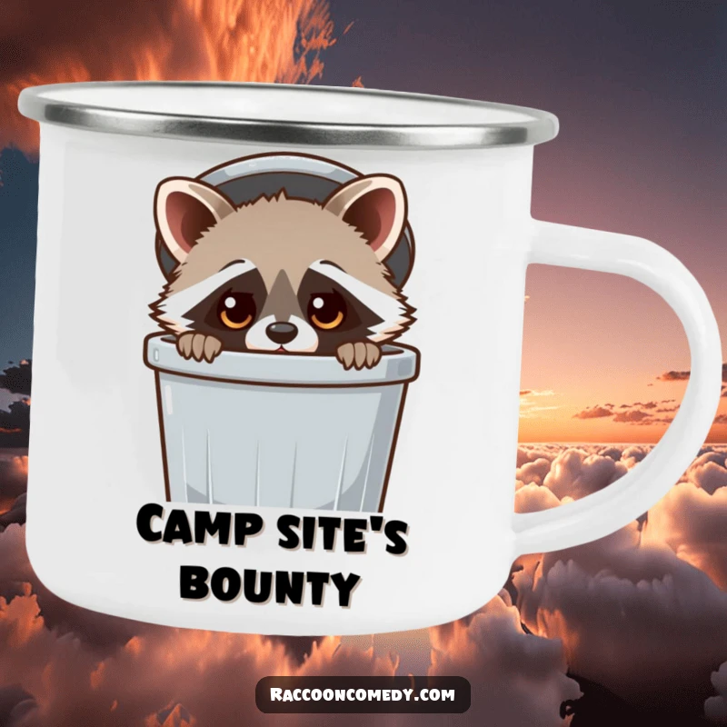 Funny Raccoon Camping Mug: A kawaii raccoon peeking from a trash can, perfect for enjoying drinks outdoors with a smile.