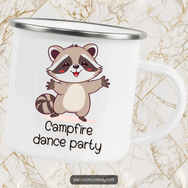 Funny happy raccoon camping mug, silly dance, paws in the air, outdoor gear, humorous and durable gift.