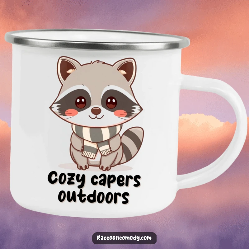 Funny kawaii raccoon with a cheeky smile and striped scarf on a durable camping mug, ready for stylish outdoor fun.