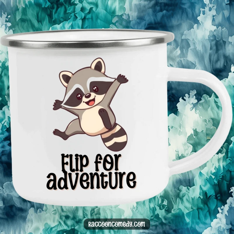 Funny enamel camping mug showcasing a smiling raccoon performing a nimble acrobatic flip, perfect for outdoor use.
