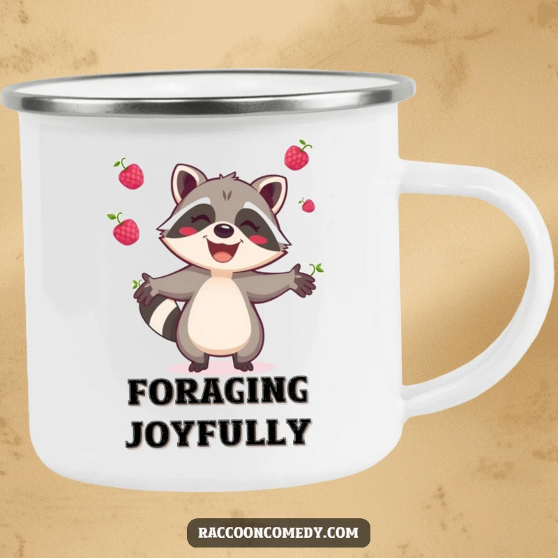 Funny raccoon camping mug, durable, featuring a joyful raccoon gleefully juggling berries, for outdoor enthusiasts who love fun.