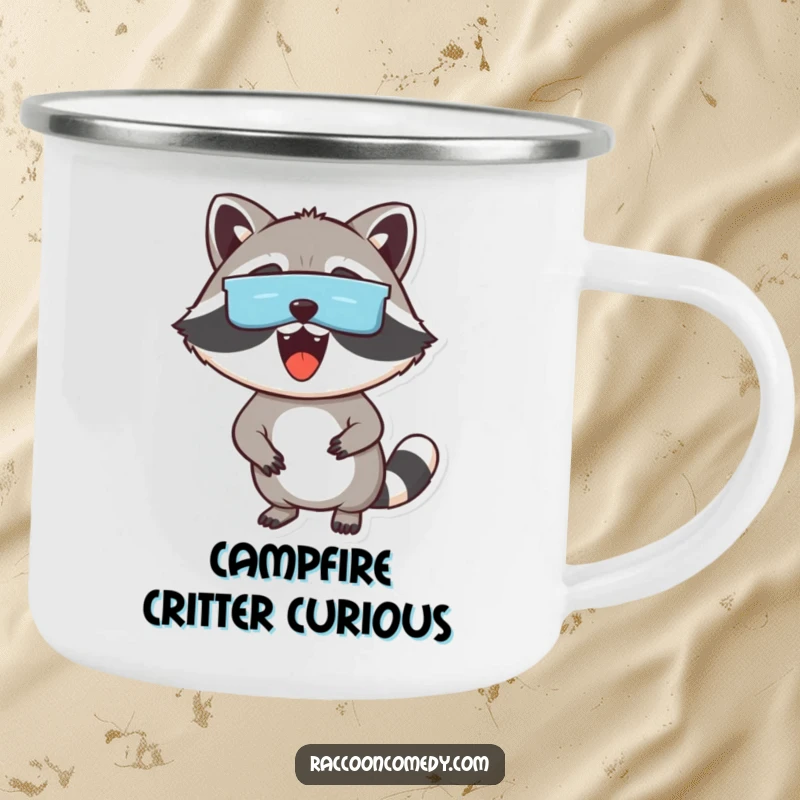 Funny camping mug featuring an excited raccoon with a mask peeking out, ideal for outdoor drinks and a humorous funny gift.