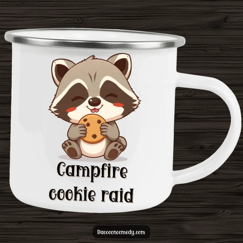 Funny Raccoon Camping Mug: A giggling raccoon grins, holding a cookie, ready for camp adventures.