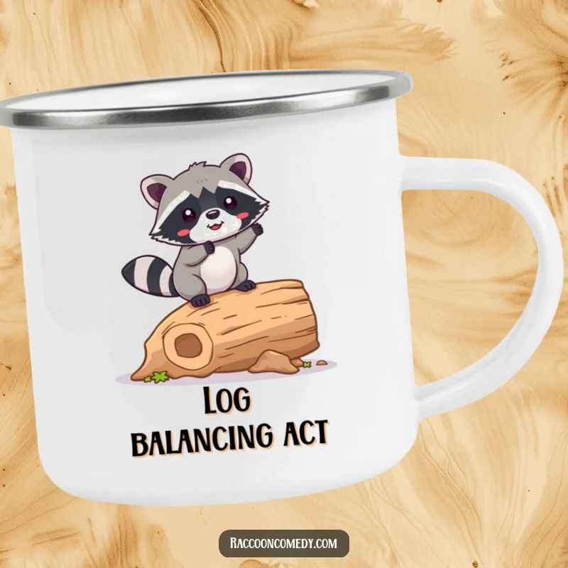 Funny Raccoon Camping Mug: A kawaii raccoon happily wobbling on a hollow log, perfect for enjoying drinks outdoors with a smile.