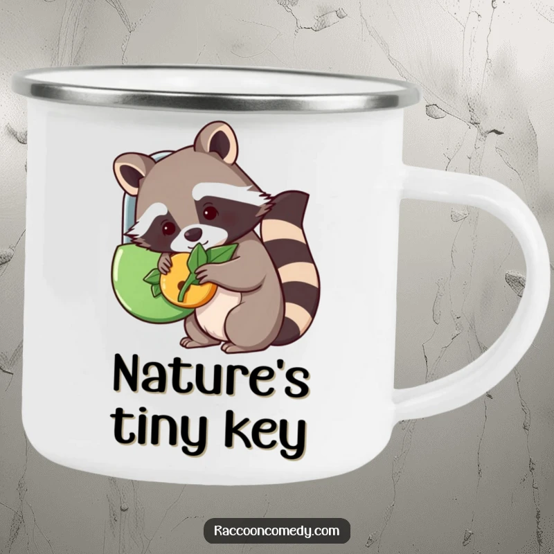 Funny kawaii raccoon attempting to unlock a lock with a leaf on a durable camping mug, ready for any challenge.