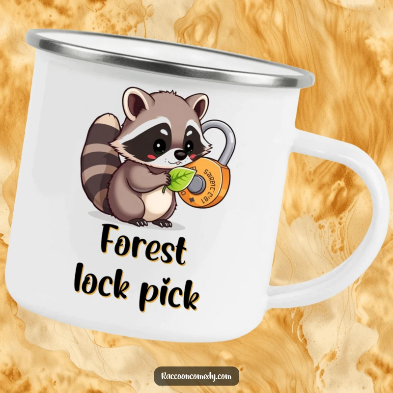 Funny kawaii raccoon using a leaf to unlock a whimsical lock, featured on a rugged and cute camping mug.