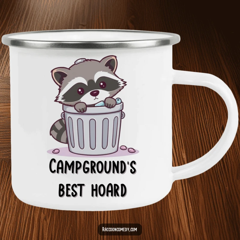 Funny mischievous raccoon trash camping mug with a raccoon peeking from behind a trash can, perfect for enjoying drinks outdoors with a bandit’s attitude.