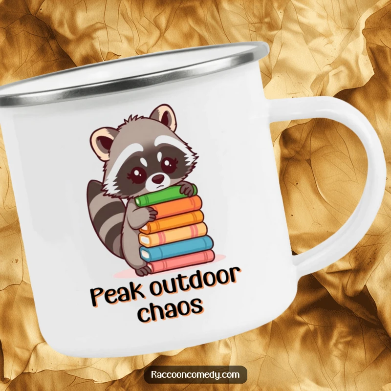 Funny camping mug showing a raccoon attempting to balance various outdoor items, ideal for campfire stories.