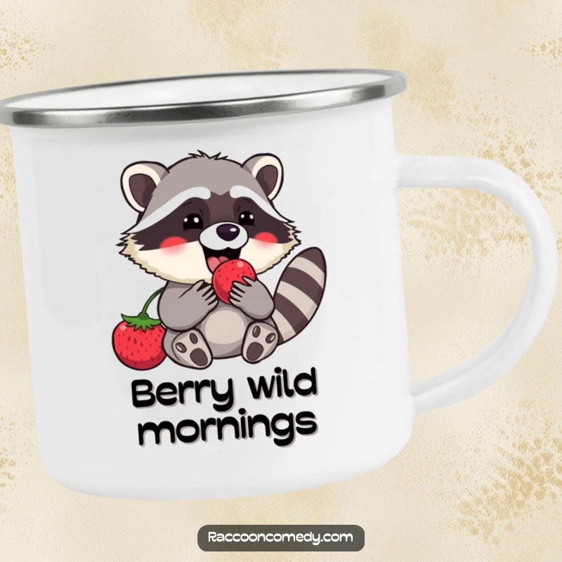 Funny raccoon camping mug depicting a content character happily munching on a ripe berry, ideal for campfire stories and morning brews.