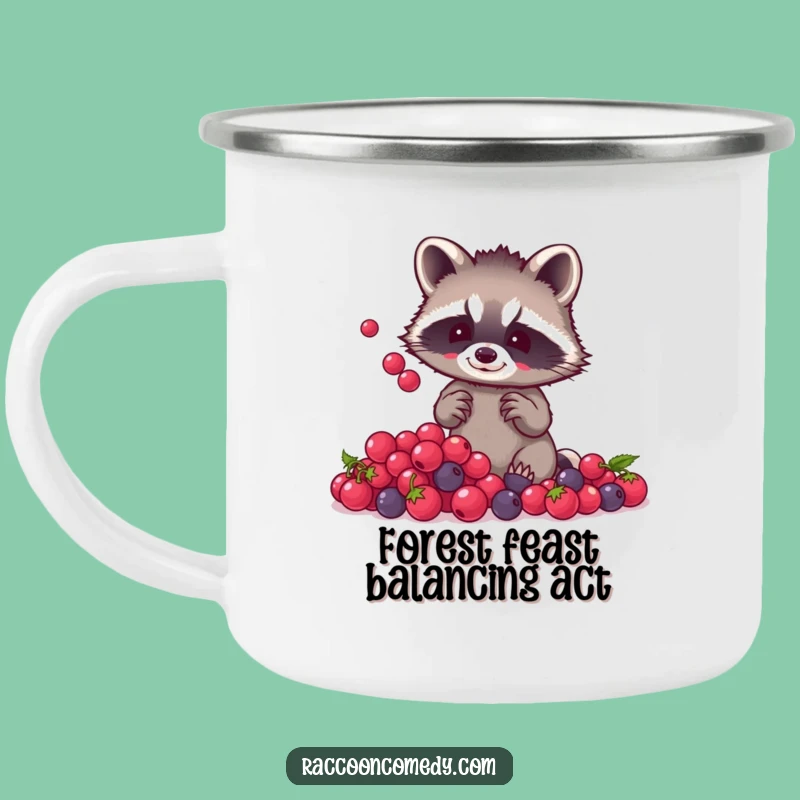 Funny Raccoon Berry Juggling Camping Mug: Enjoy Outdoors with Woodland Whimsy
