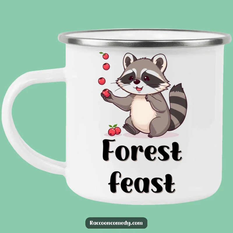 Funny Raccoon Camping Mug: Enamel Berry Juggler Design, Rugged and Humorous Funny Gift