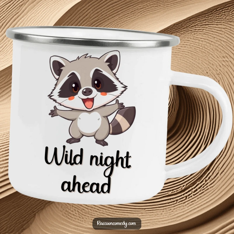 Funny camping mug showcasing an excited raccoon, ready for a secret adventure into the wild, perhaps for a treasure hunt.