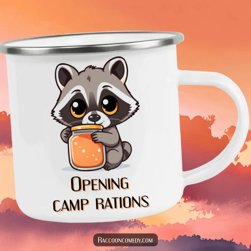 Funny raccoon camping mug showing a raccoon with large eyes trying to open a jar, embodying camp perseverance, a humorous funny gift.