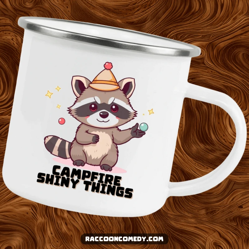 Funny cute raccoon camping mug, miniature hat, juggling sparkling objects, outdoor gear, humorous and durable gift.