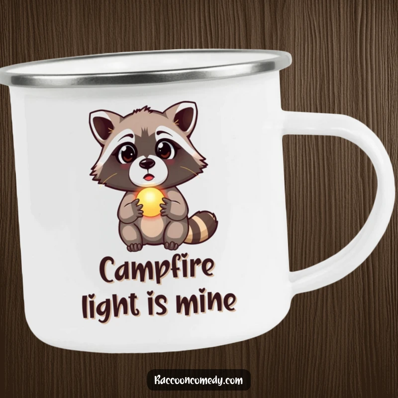 Funny raccoon camping mug showing a surprised raccoon holding a glowing orb, perfect for campfire mysteries, a humorous funny gift.